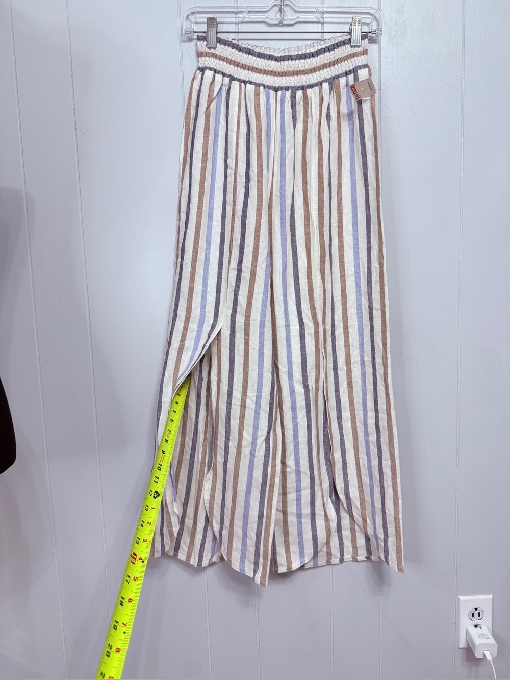 New Smocked Striped Linen-Rayon Pants in Blue, Tan & Cream